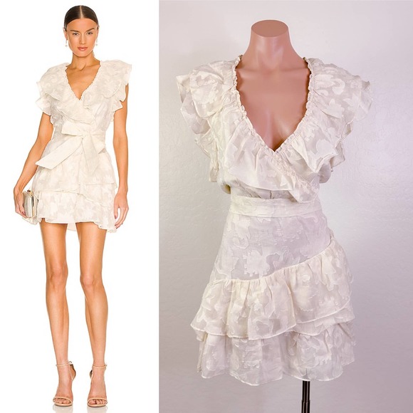Veronica Beard Dresses & Skirts - Veronica Beard Mahita Ecru Silk Jacquard Ruffled V-Neck Dress White size 8 NWT